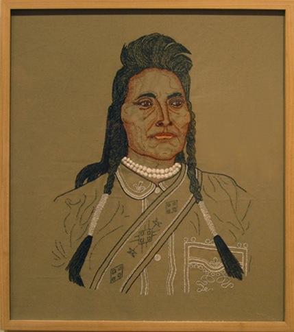  Lone Wolf, or Guipago of the Kiowa, 2006 
(From  Bury My Heart at Wounded Knee  series)
Embroidered thread on cloth, 21 x 17 in.
Private Collection