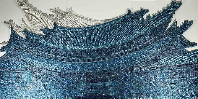 East Wind, 2012
Buttons, beads, pins on wood panel
70 x 141 in / 180 x 360 cm