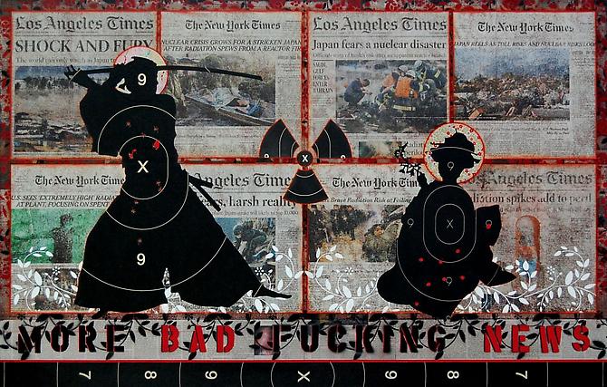 Ellwood T. Risk
Bad News, 2011
Pistol targets, newsprint, paint, ink and resin on wood panel
30 x 47 x 2 inches
Original Sold - Limited Edition Prints Available