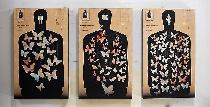 Ellwood T. Risk
Combat Target / Master Butterfly Plates, 2011
Pistol targets, magazine print, paint, coffee and resin on wood panel
35 x 21 x 3 inches; each
Original Sold - Limited Edition Prints Available