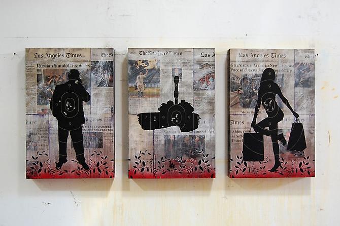 Ellwood T. Risk
Los Angeles Suite, 2011
Pistol targets, newsprint, paint, ink and resin on wood panel
24 x 16 x 3 inches; each
Original Sold - Limited Edition Prints Available