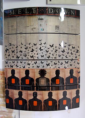 Ellwood T. Risk
The Meltdown Kiosk, 2011
Pistol targets, market data from the Wall Street Journal, paint, ink and resin on convex wood panel
150 x 96 x 3 inches