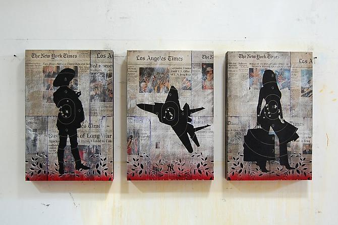 Ellwood T. Risk
New York Suite, 2011
Pistol targets, newsprint, ink and resin on wood panel
24 x 16 x 3 inches; each
Original Sold - Limited Edition Prints Available