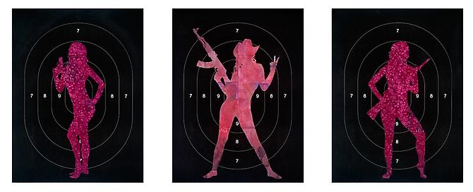 Ellwood T. Risk
Trifecta Master Plates, 2011
Pistol target on newsprint and magazine print with paint and resin
45 x 34 x 3 inches; each
Original Sold - Limited Edition Prints Available