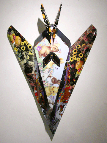 Erika Wanenmacher 'Stealth Mask to Steal Back Holidays for the Pagans', 2007  holiday popcorn and cookie tines, fabric & embroidery 31 x 22 x 5 inches