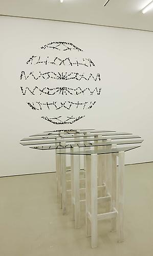 Heather Rowe
plans that have fallen through, 2006
glass, wood, flocked wallpaper, Bruno Taut plan (partial) for Glashaus, 1914
table - 72 x 84 x 41 inches, drawing - 72 x 72 inches