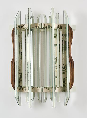 Heather Rowe
Untitled 2010 
30 x 21 1/4 x 8 1/2 inches
mirror, wallpaper, paint, hunges