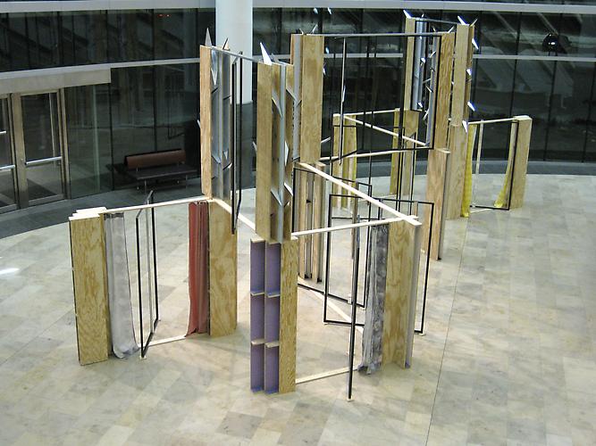 Heather Rowe
Tenuous Arrangements 2010 
wood, steel, mirror, sheetrock, rug, carpet padding, molding
Installation View: Tenuous Arrangements, Indianapolis Museum of Art, Indianapolis, IN. February 19 - August 1, 2010.