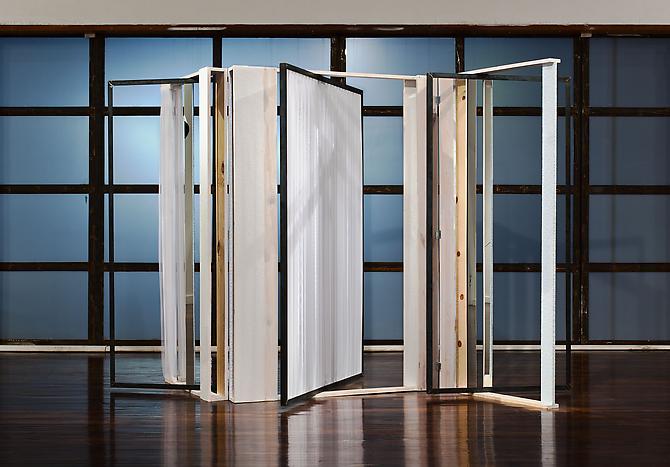 Heather Rowe
All Day Light 2010 
132 x 64 x 67 inches
voile, metal, mirror, wood, wallpaper, paint
Installation View: Immaterial, Ballroom Marfa, Marfa, TX. October 1, 2010 - February 20, 2011.