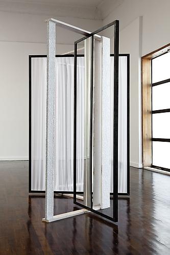 Heather Rowe
All Day Light 2010 
voile, metal, mirror, wood, wallpaper, paint
Installation View: Immaterial, Ballroom Marfa, Marfa, TX. October 1, 2010 - February 20, 2011.
