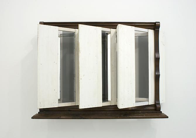 Heather Rowe
Paneled Insomnia, 2011
wood, wallpaper, mirror, glass, faux fur, frames
36 1/2 x 52 1/2 x 14 inches