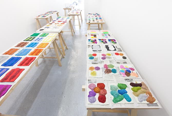Polly Apfelbaum
Color Revolts, 2011-2012
glitter and plasticine
varied dimensions

Installation View: Hansel and Gretel Picture Garden, New York, NY. "Flatland: color revolt," March 1 - April 28, 2012