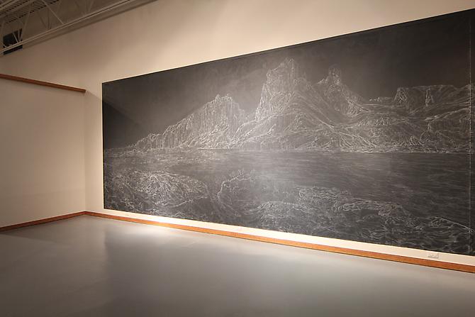 Kysa Johnson, The Nicolaysen Art Museum, Casper, WY, 2011
blow up 161- the molecular structure of the environmental pollutants ethane, methane, hexane, propane, benzene and acrolein after Moran's The Cliffs of the Upper Colorado River Wyoming Territory
Chalk and Chinese White on Blackboard Paint on Wall
270" w x 114" h