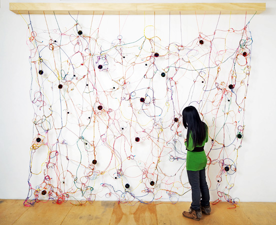  Loop , 2010, installation view, Josée Bienvenu Gallery, speakers, wire, electronics, electronis, 8-channel soundtrack, 168 x 10 x 132 inches