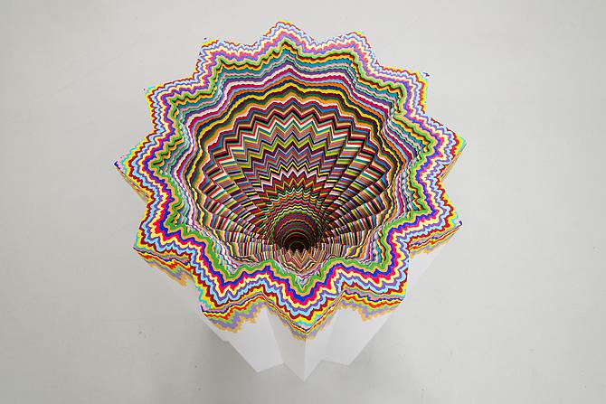 Cosmic Distortion , 2012
Hand-cut acid-free paper, glue, wood, foam board
22.5 x 22.5 x 36.5 in