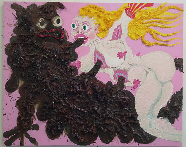 Aaron Johnson
 Turduckin' 
Acrylic, stinging nettle, jute rope, hair, and polyester net on linen
48 x 60 inches