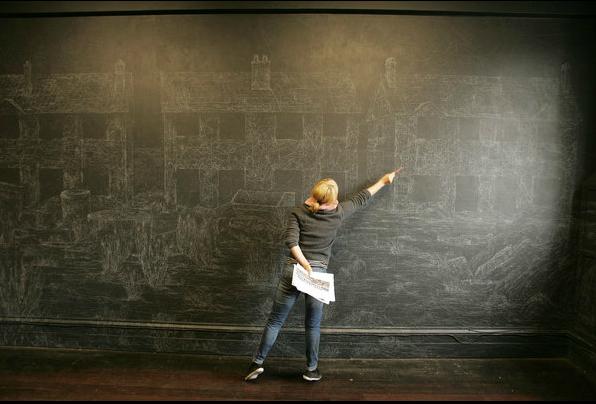 Kysa Johnson, Dublin Contemporary 2011- Terrible Beauty-Art Crisis, Change of the Office of Non-Compliance
Blow Up 160 - Subatomic Decay Patterns: Picture of The Village of the Future
Chalk and Chinese White on Blackboard Paint on Wall
Full Room Installations, Dimensions Variable