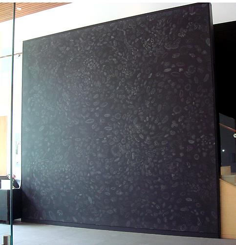 Kysa Johnson, Aldrich Museum of Contemporary Art, Ridgefield, CT 2007
Blow Up 73 - The Spores of White Oak, Pine, American Elm and Red Maple After World Wide Wind Patterns
Chalk and Chinese White on Blackboard Paint on Wall
15' x 15'