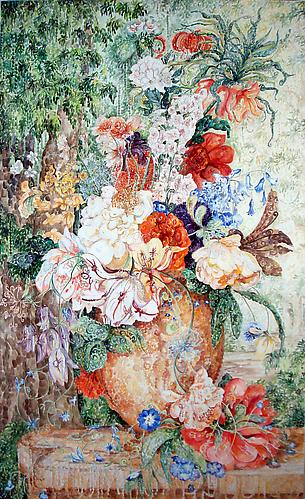 Kysa Johnson, 2009
Blow Up 118 - The Tree of Life and Death - Pneumonia, Plague, Whooping Cough, Tuberculosis, Penicillin, Streptomyces, and Micromonospora after Jan Van Huysum
Watercolor and Graphite on Board
60" x 37"