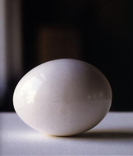 Karin Sander
Chicken egg, Polished, Raw, Size 0 1994 
1.57 x 3.15 x 1.57 inches
raw chicken egg, pedestal, painted with wall paint, plexiglass cover