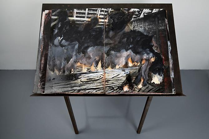  ANSELM KIEFER
Ragnarok,  ca. 1990 
Book with twenty-six double page spreads incorporating oil and acrylic on photographs mounted on board; iron stand designed by the artist 
Unique, open: 23 x 34 in., irregular; closed: 23 x 17 in.; stand: 38 x 37 x 25 in.
  View complete Description  ➤ 