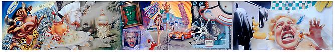 Alex Murawski, Bob Hickson, Mark Ryden, Brian Zick, David Willardson and accompanying studio, Jose Cruz, Kim Whitesides, and Mark Fredrickson
What's So Funny, 1985; Mixed media
Signed on recto; Collaborative illustration for LAX magazine
18 inches x 10 feet