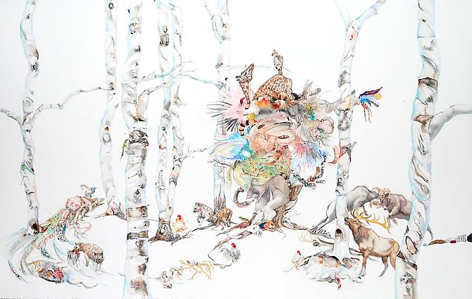 Laura Ball, Panic (2011)
Watercolor, Graphite On Paper 
32.5h x 52w in (82.55h x 132.08w cm)