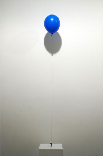 Liliana Porter, 2010, The Riddel (Man with Balloon) , Figurine and helium balloon on wooden base,
Base: 12 x 9 x 1 inches Balloon height variable at approx. 70 inches high