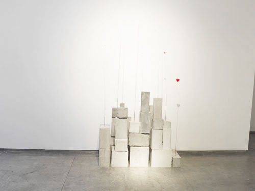  Garden of Infinite Hearts , 2007, cement, steel wire, clock movement, found objects, wire, acetate
