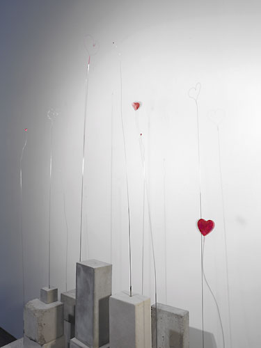  Garden of Infinite Hearts , 2007, detail, cement, steel wire, clock movement, found objects, wire, acetate