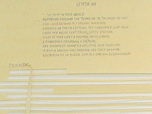 Nine Broken Letters, Letter #9 , 2004, detail, graphite and silk on yellow tracing paper, 23 x 17.5 inches