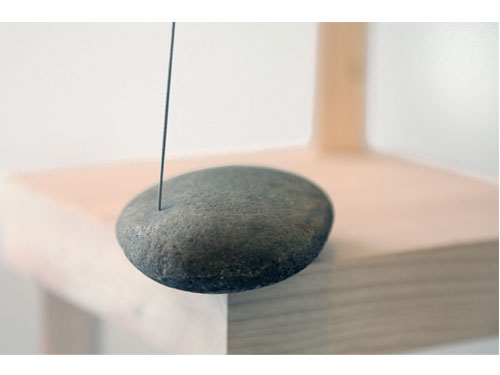  Stability Study (table) , 2012, detail, wood, rock, wire, magnet, 108 x 12 x 12 inches