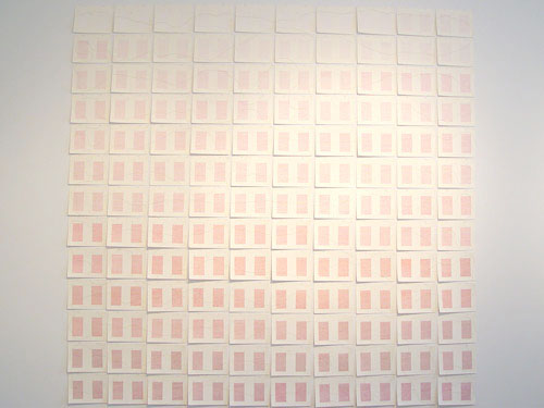  Unfinished Letter to a Young Daughter , 1999, ink and gold thread on paper, 130 units, 97 x 94.5 inches (7 x 9 inches each)