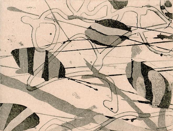 The five etchings are by Peik Larsen, editioned by Tory Fair at Some Proof Press.