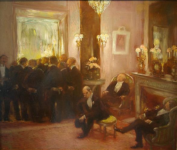 Before the Ball
Oil on panel, 18 ½ x 21 ½ inches  (47 x 55 cm)
Signed lower left: Gaston La Touche 
Price upon request