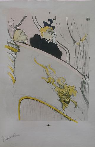 La Loge au Mascaron dore  (The Box with the Golden Mask)
Lithograph printed in colors, 12 x 9 ½ inches 
A  trial proof with registration marks without lettering 
Signed in pencil lower left: Lautrec. With the Kleinman blindstamp lower left.