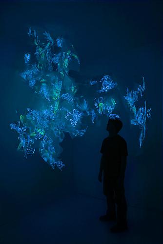 Sharon Louden, Blue Willow (2006)
Mylar, acrylic luminous paint, wire, monofilament and glue
Dimensions Variable
Shown here at the Jewish Museum, New York, NY