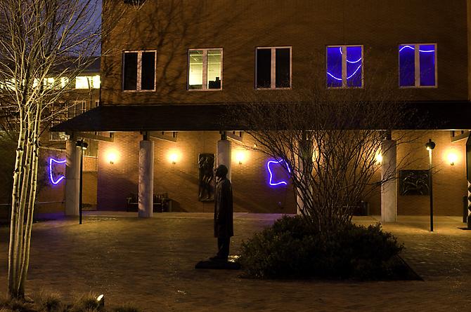 Sharon Louden, The Bridge (2009)
Blue LED Neon Flex 
Dimensions Variable

Shown here in the sculpture garden at the Weatherspoon Art Museum, Greensboro, NC
