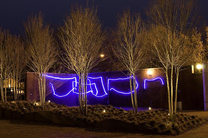 Sharon Louden, The Bridge (2009)
Blue LED Neon Flex 
Dimensions Variable

Shown here in the sculpture garden at the Weatherspoon Art Museum, Greensboro, NC