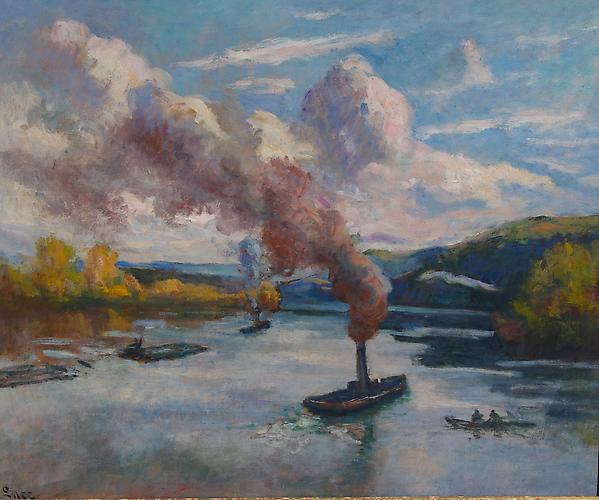 Maximilien Luce (French, 1858-1941)
Peniches et Remorquers sur la Seine, Circa 1920
Oil on paper laid down on canvas, 21.25 x 25.75 inches (53 x 65 cm) 
Signed lower left: Luce