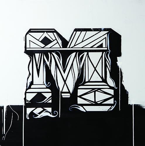 M, 2010
Spray paint, acrylic and house paint on panel
36 x 36 inches