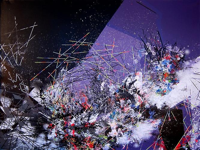 Mad Dash, 2011
acrylic, latex, ink, silk screen, spray paint, and resin on canvas
60 x 72 inches