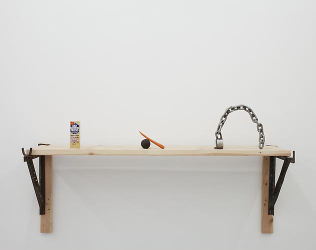 Mateo Tannatt
Untitled, 2012
wood shelf, hardware, objects, chain, carrot and avocado
34 x 72 x 27 inches
