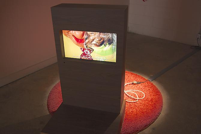 George Jenne
 Memorial for Plastic , 2012
Wood, urethane, carpet, video and light
46 x 48 x 57 inches