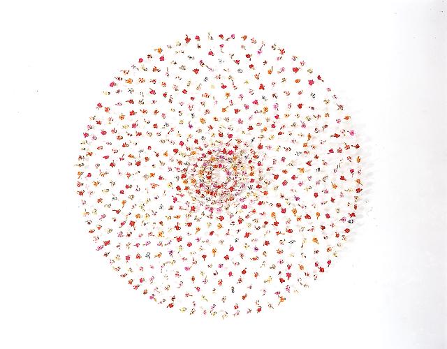 Polly Apfelbaum
Wallflowers (Mixed Emotions), 1990
wire, paper, tacks, pencil, glitter
68 x 68 x 1 inches (172.7 x 172.7 x 2.5 cm)