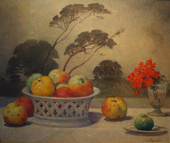 Nature Morte, c. 1890
(Still Life with Fruit and Flowers in a Breton Landscape)
Oil on canvas, 20 x 24 inches (50.8 x 61.cm)
Signed lower right: F. du Puigaudeau