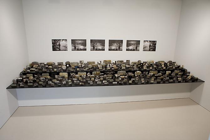 Roland Flexner
Cuts, 2008
sumi ink on paper mounted on wood, viewing stones
dimension variable with installation

Installation View: D'Amelio Gallery, New York. "Cuts," September 2-27, 2008