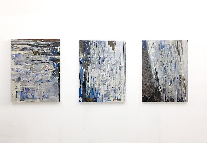 Ryan Wallace, Untitled (Redactor 1), Untitled (Redactor 2), Untitled (Redactor 3)
Oil, Acrylic, Ink, Cold Wax, Pigment, Lithograph, Inkjet, Vinyl, Automotive Tint, Compact Disc, Cut Paper, Mylar, Tape, Pva On Canvas
40h x 30w in each (101.6h x 76.2w cm each)
