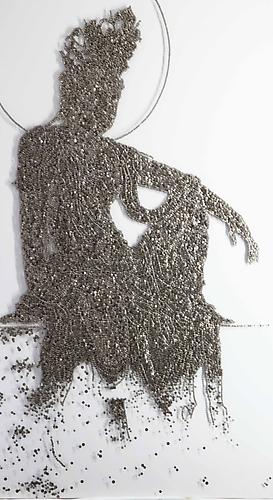 Rest II, 2009
Buttons, beads, pins on wooden panel
108 x 60 in / 275 x 153 cm