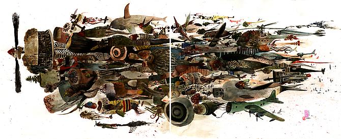 Rob Sato
Downstream Death Machines, 2009
Watercolor & ink on bristol
14 x 34 inches